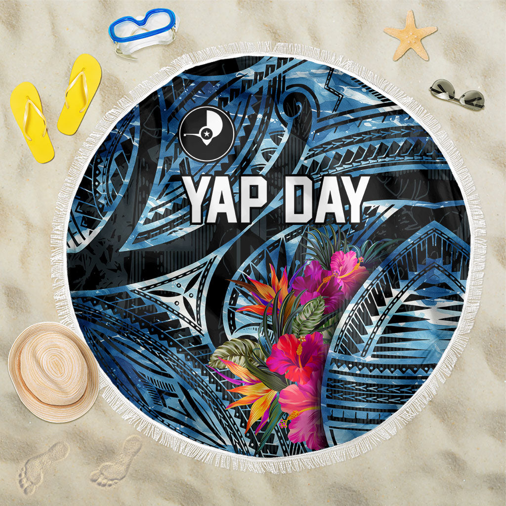 Yap Day Island Floral Tribal Heritage Beach Blanket Micronesian Hibiscus Pattern Polynesian Tattoo Blue Art