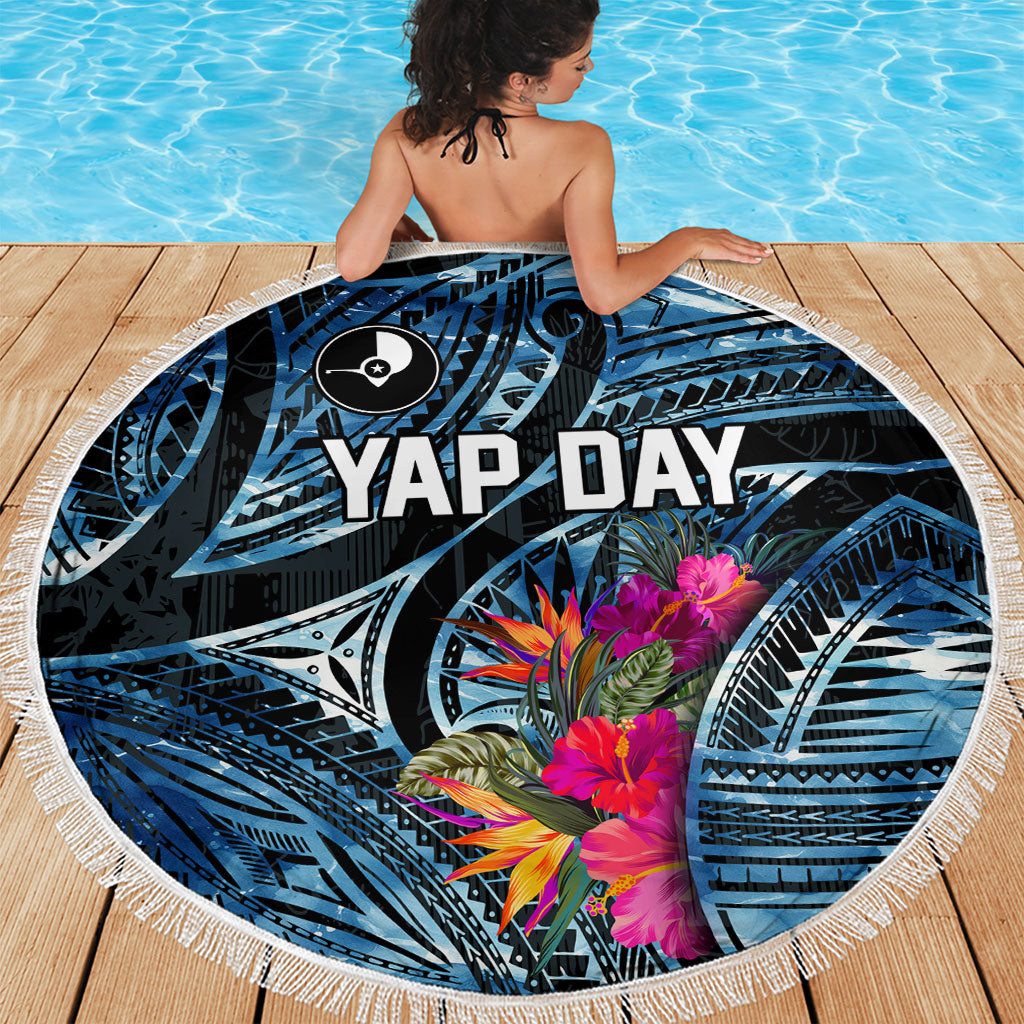 Yap Day Island Floral Tribal Heritage Beach Blanket Micronesian Hibiscus Pattern Polynesian Tattoo Blue Art