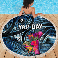 Yap Day Island Floral Tribal Heritage Beach Blanket Micronesian Hibiscus Pattern Polynesian Tattoo Blue Art