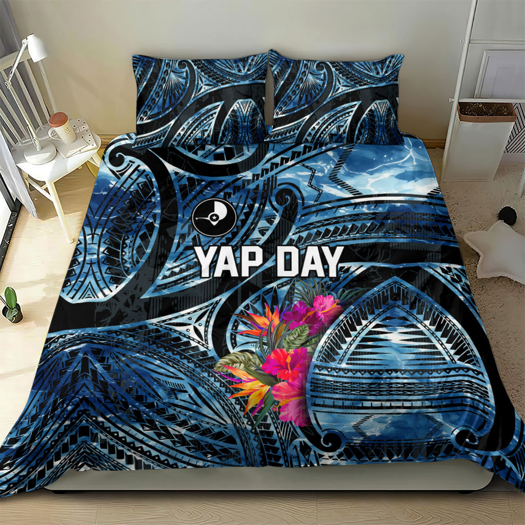 Yap Day Island Floral Tribal Heritage Bedding Set Micronesian Hibiscus Pattern Polynesian Tattoo Blue Art