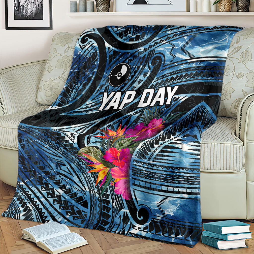 Yap Day Island Floral Tribal Heritage Blanket Micronesian Hibiscus Pattern Polynesian Tattoo Blue Art