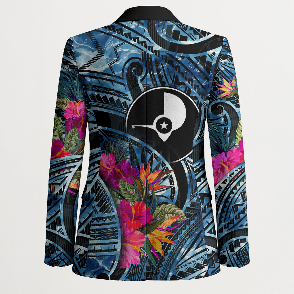 Yap Day Island Floral Tribal Heritage Blazer Micronesian Hibiscus Pattern Polynesian Tattoo Blue Art