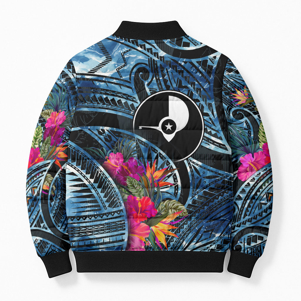 Yap Day Island Floral Tribal Heritage Bomber Puffer Jacket Micronesian Hibiscus Pattern Polynesian Tattoo Blue Art