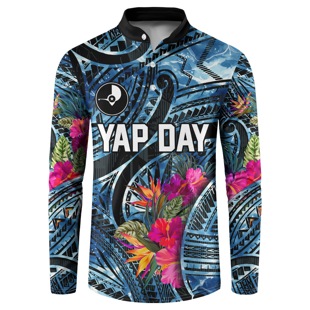 Yap Day Island Floral Tribal Heritage Button Sweatshirt Micronesian Hibiscus Pattern Polynesian Tattoo Blue Art