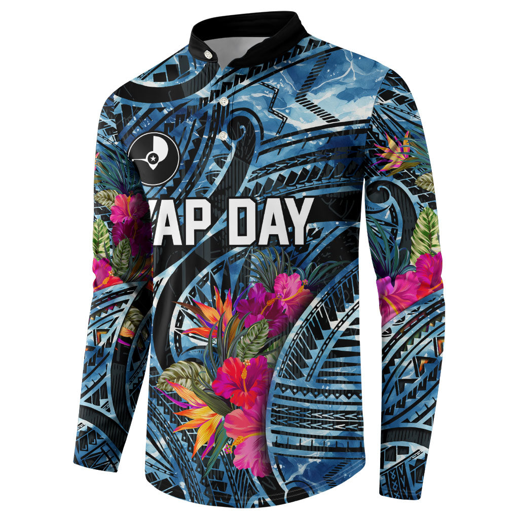 Yap Day Island Floral Tribal Heritage Button Sweatshirt Micronesian Hibiscus Pattern Polynesian Tattoo Blue Art