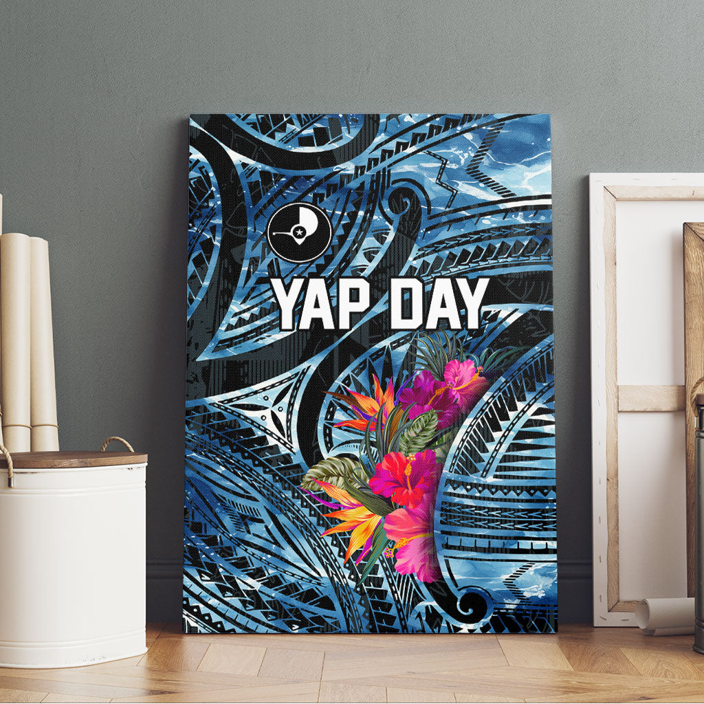 Yap Day Island Floral Tribal Heritage Canvas Wall Art Micronesian Hibiscus Pattern Polynesian Tattoo Blue Art