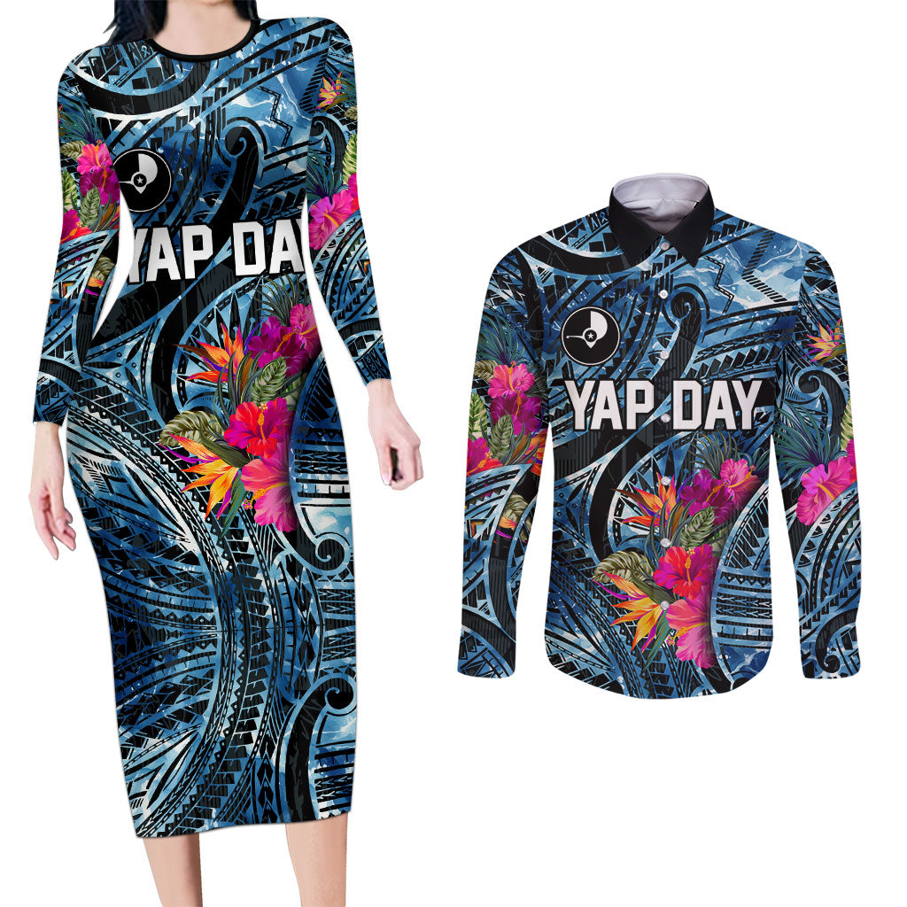 Yap Day Island Floral Tribal Heritage Couples Matching Long Sleeve Bodycon Dress and Long Sleeve Button Shirt Micronesian Hibiscus Pattern Polynesian Tattoo Blue Art