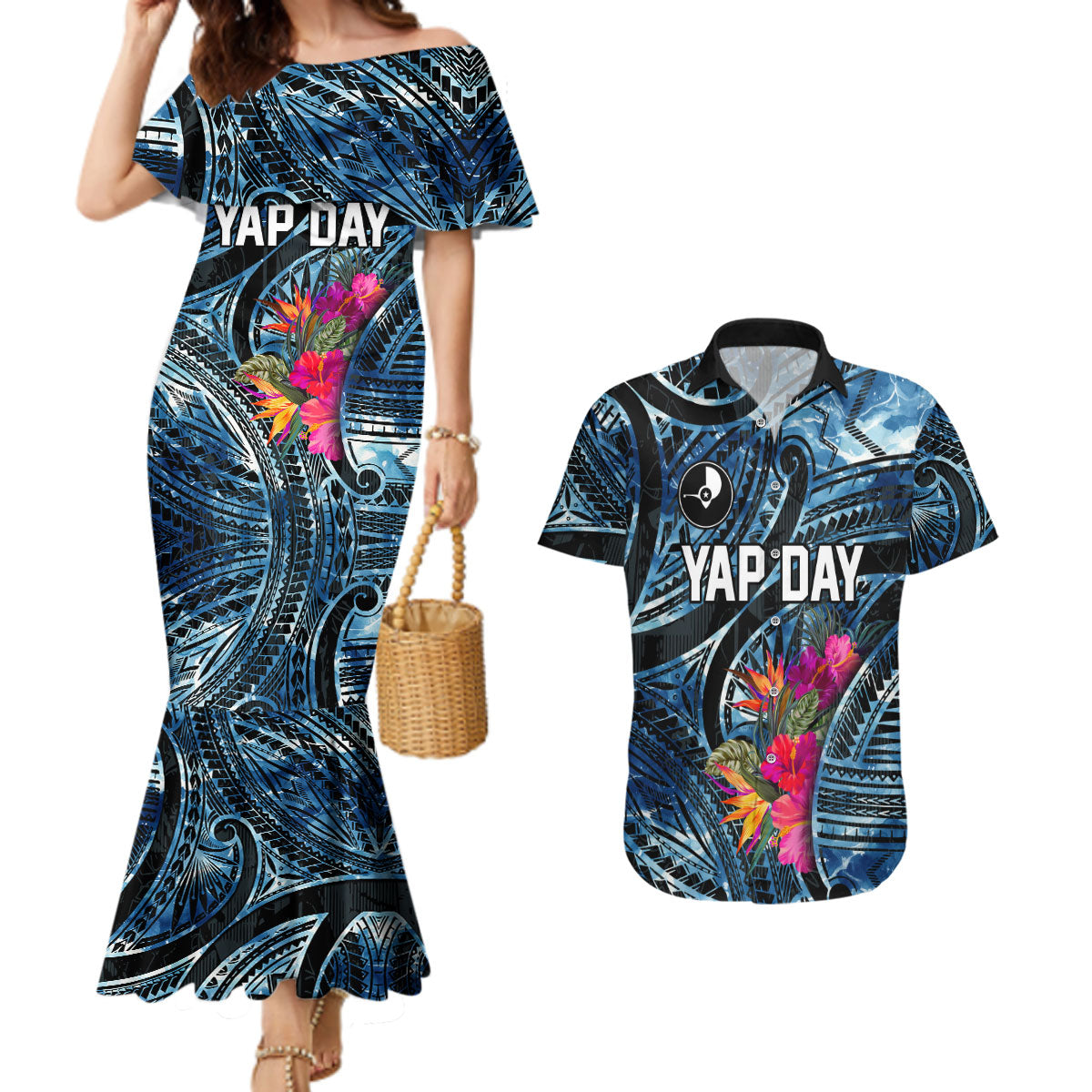 Yap Day Island Floral Tribal Heritage Couples Matching Mermaid Dress and Hawaiian Shirt Micronesian Hibiscus Pattern Polynesian Tattoo Blue Art TS04 Black Blue - Polynesian Pride