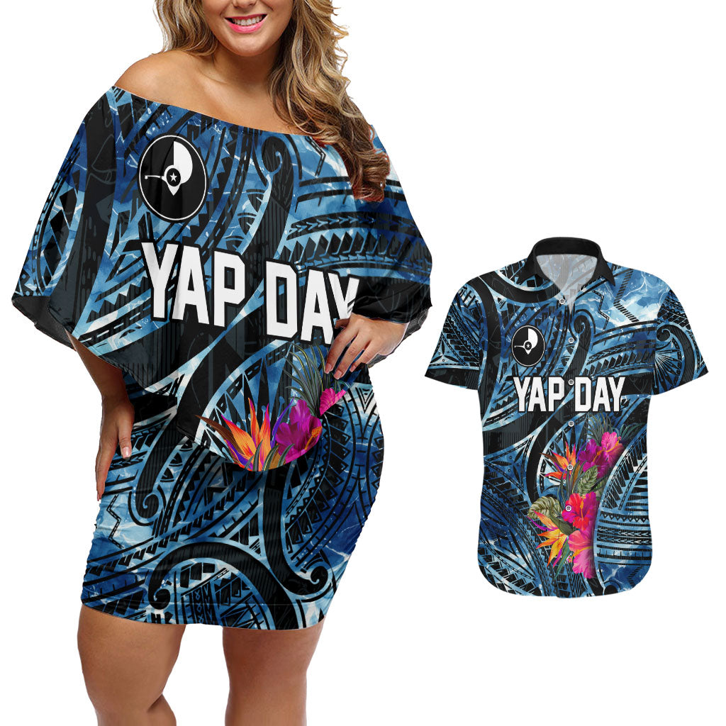 Yap Day Island Floral Tribal Heritage Couples Matching Off Shoulder Short Dress and Hawaiian Shirt Micronesian Hibiscus Pattern Polynesian Tattoo Blue Art TS04 Black Blue - Polynesian Pride