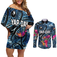 Yap Day Island Floral Tribal Heritage Couples Matching Off Shoulder Short Dress and Long Sleeve Button Shirt Micronesian Hibiscus Pattern Polynesian Tattoo Blue Art