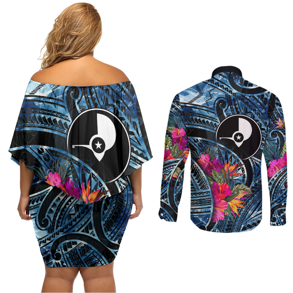Yap Day Island Floral Tribal Heritage Couples Matching Off Shoulder Short Dress and Long Sleeve Button Shirt Micronesian Hibiscus Pattern Polynesian Tattoo Blue Art