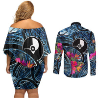 Yap Day Island Floral Tribal Heritage Couples Matching Off Shoulder Short Dress and Long Sleeve Button Shirt Micronesian Hibiscus Pattern Polynesian Tattoo Blue Art