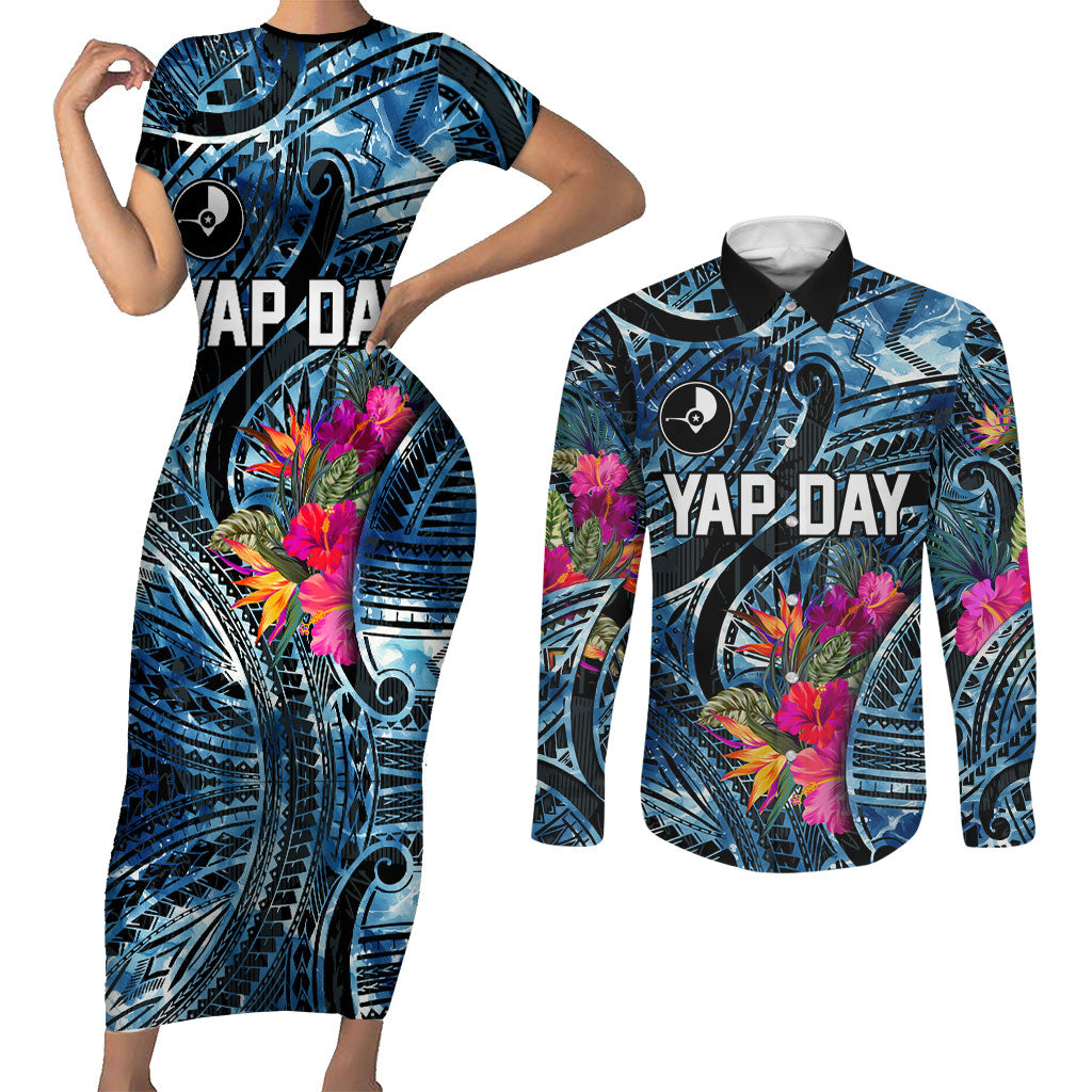 Yap Day Island Floral Tribal Heritage Couples Matching Short Sleeve Bodycon Dress and Long Sleeve Button Shirt Micronesian Hibiscus Pattern Polynesian Tattoo Blue Art TS04 Black Blue - Polynesian Pride