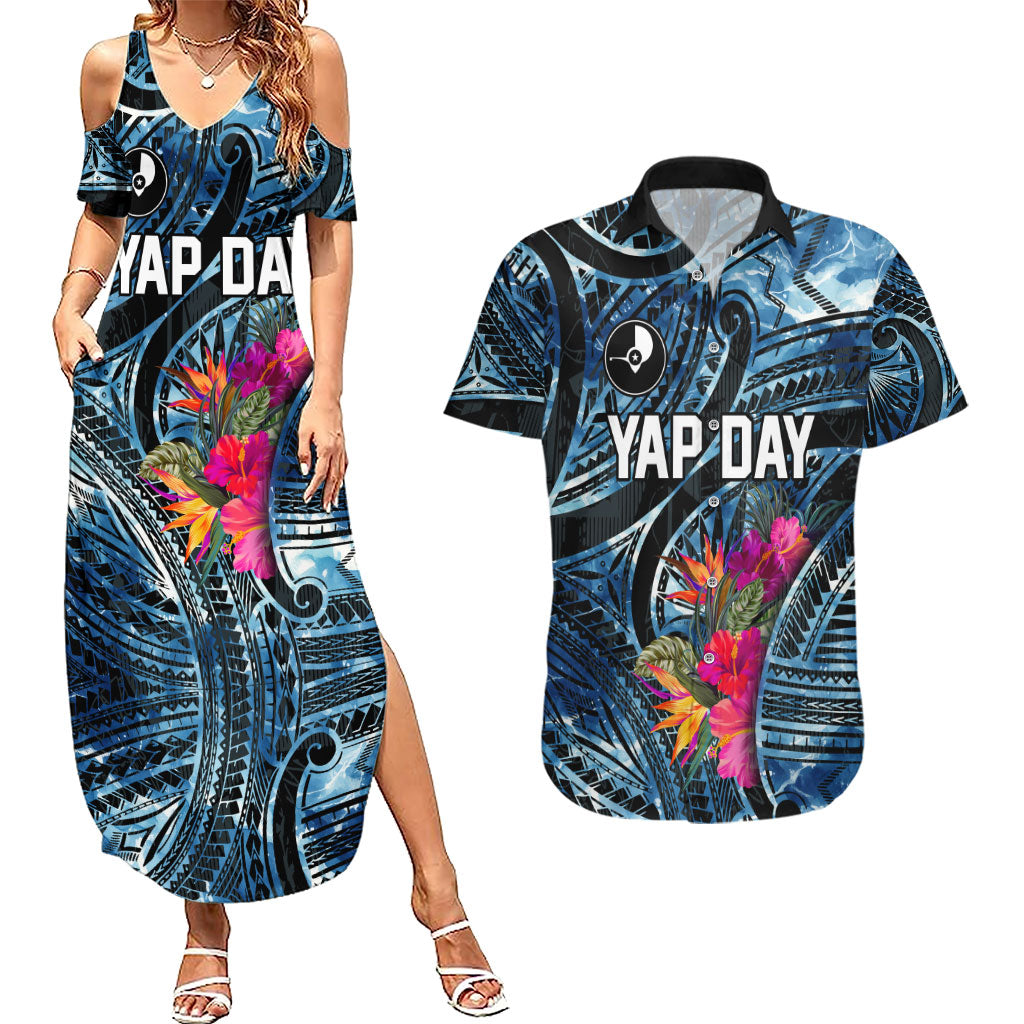 Yap Day Island Floral Tribal Heritage Couples Matching Summer Maxi Dress and Hawaiian Shirt Micronesian Hibiscus Pattern Polynesian Tattoo Blue Art TS04 Black Blue - Polynesian Pride