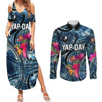 Yap Day Island Floral Tribal Heritage Couples Matching Summer Maxi Dress and Long Sleeve Button Shirt Micronesian Hibiscus Pattern Polynesian Tattoo Blue Art