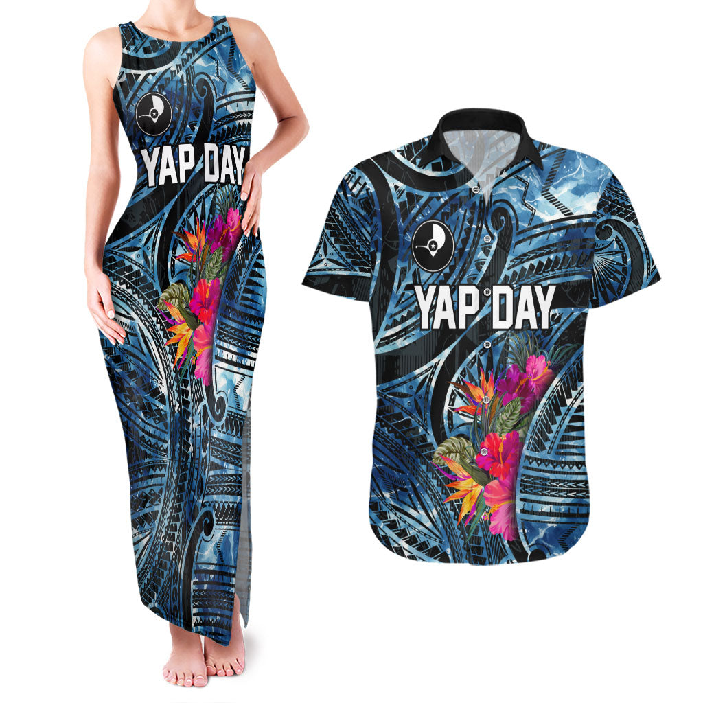 Yap Day Island Floral Tribal Heritage Couples Matching Tank Maxi Dress and Hawaiian Shirt Micronesian Hibiscus Pattern Polynesian Tattoo Blue Art TS04 Black Blue - Polynesian Pride