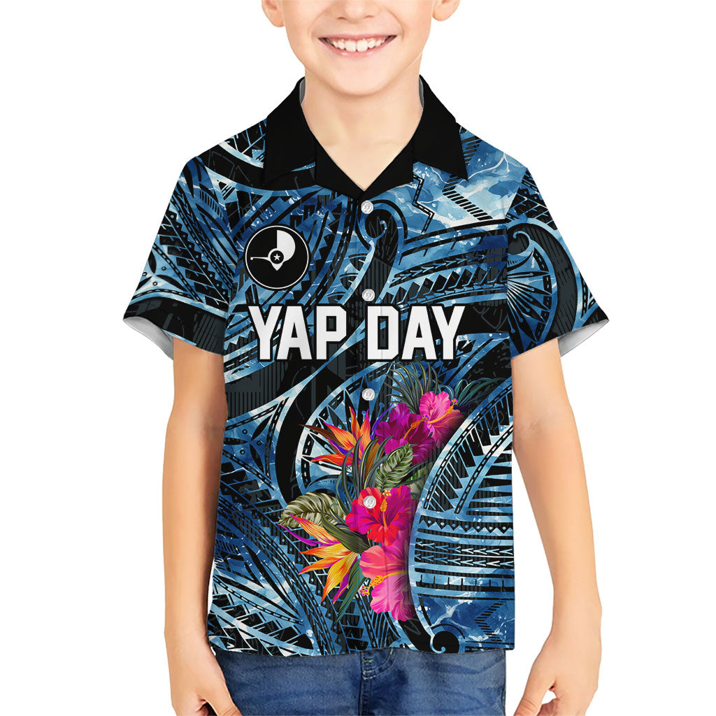 Yap Day Island Floral Tribal Heritage Family Matching Long Sleeve Bodycon Dress and Hawaiian Shirt Micronesian Hibiscus Pattern Polynesian Tattoo Blue Art
