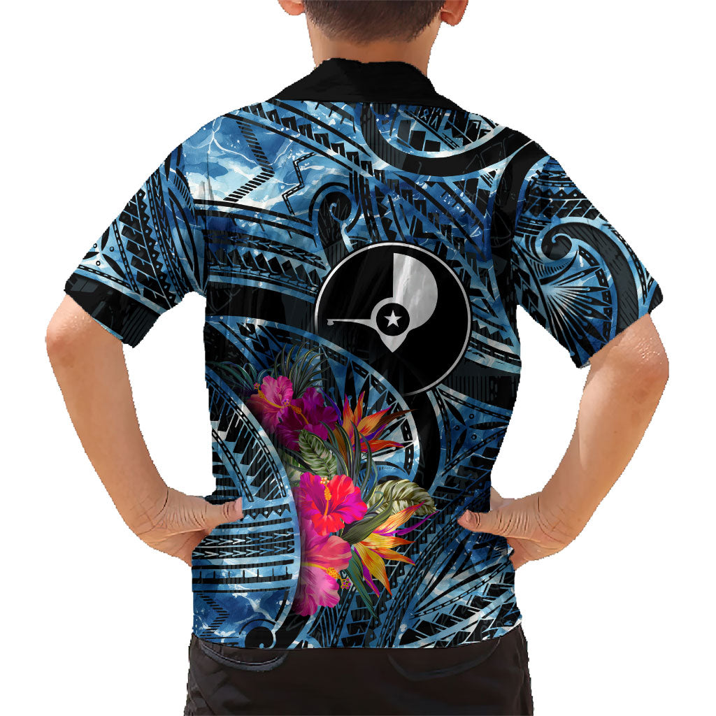 Yap Day Island Floral Tribal Heritage Family Matching Mermaid Dress and Hawaiian Shirt Micronesian Hibiscus Pattern Polynesian Tattoo Blue Art