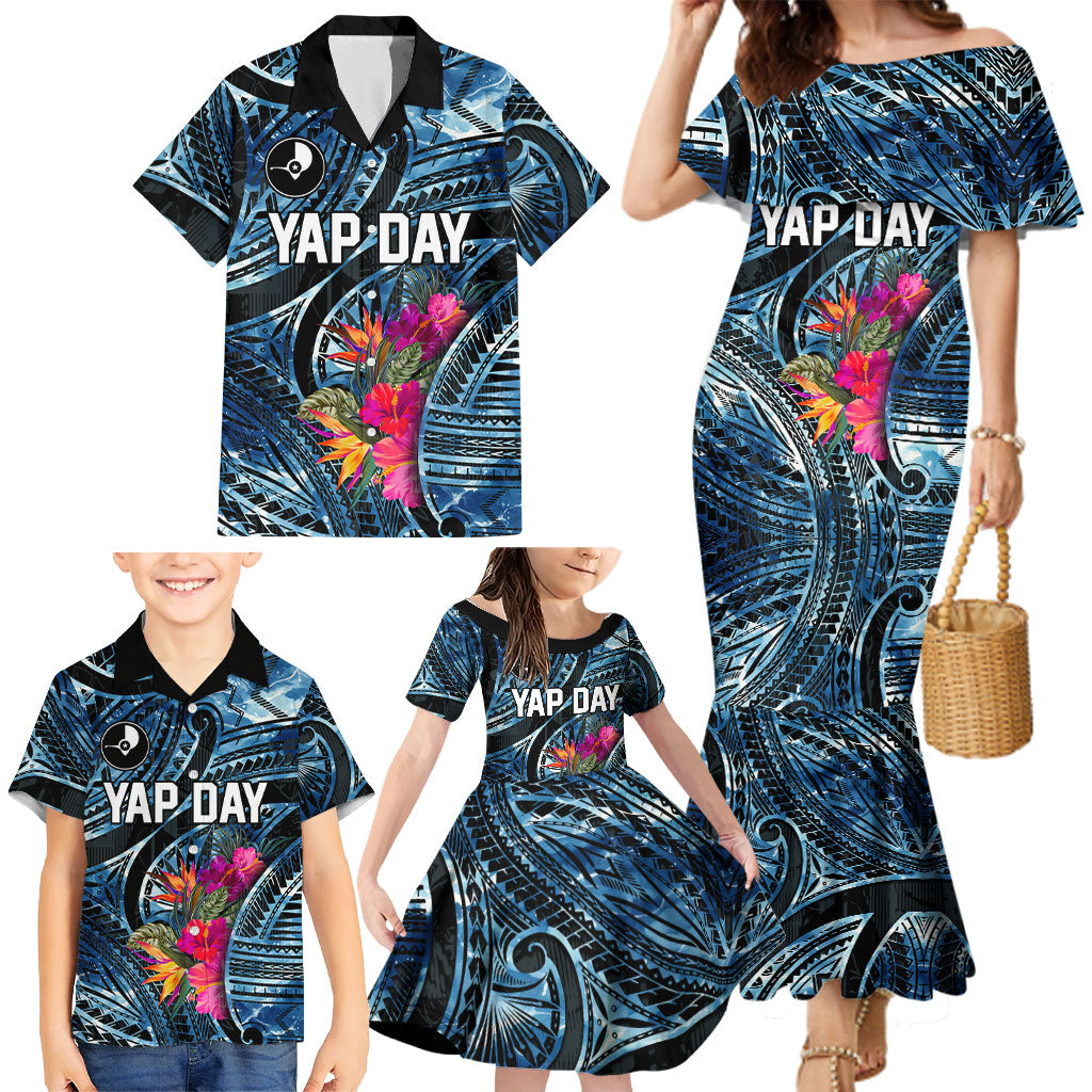 Yap Day Island Floral Tribal Heritage Family Matching Mermaid Dress and Hawaiian Shirt Micronesian Hibiscus Pattern Polynesian Tattoo Blue Art TS04 - Polynesian Pride