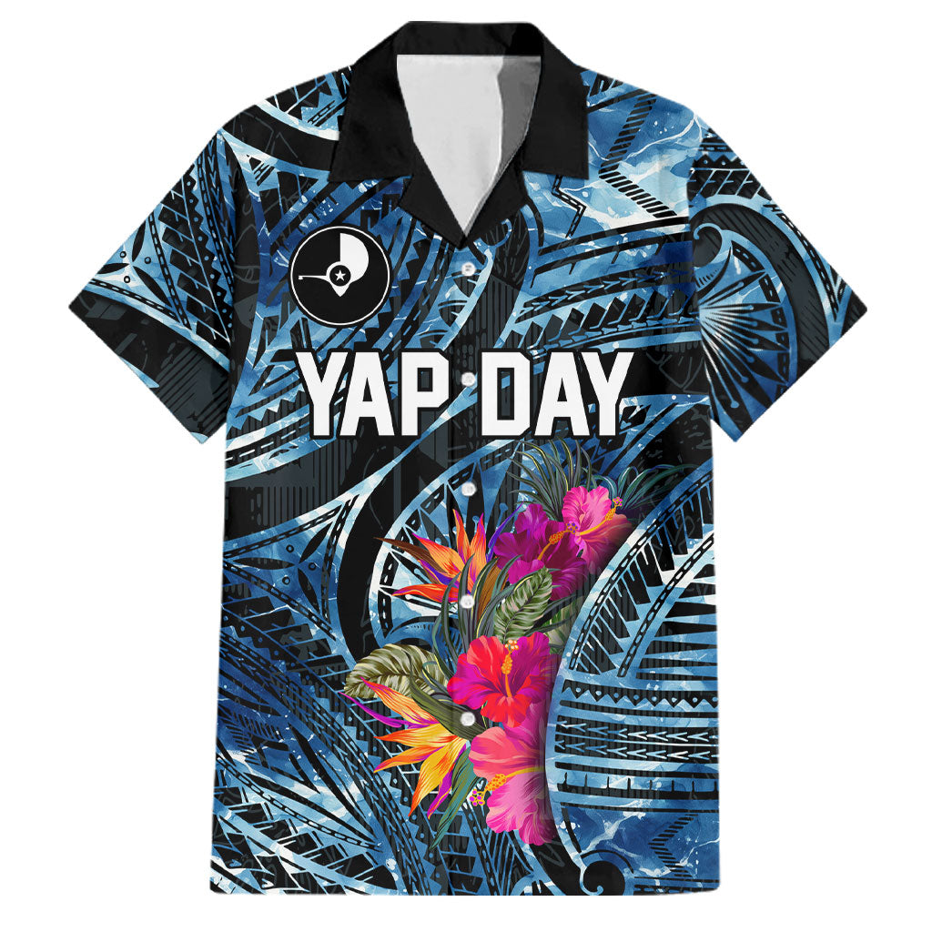 Yap Day Island Floral Tribal Heritage Family Matching Mermaid Dress and Hawaiian Shirt Micronesian Hibiscus Pattern Polynesian Tattoo Blue Art