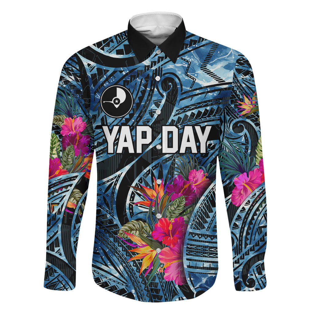 Yap Day Island Floral Tribal Heritage Family Matching Mermaid Dress and Hawaiian Shirt Micronesian Hibiscus Pattern Polynesian Tattoo Blue Art