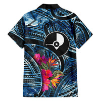 Yap Day Island Floral Tribal Heritage Family Matching Off The Shoulder Long Sleeve Dress and Hawaiian Shirt Micronesian Hibiscus Pattern Polynesian Tattoo Blue Art