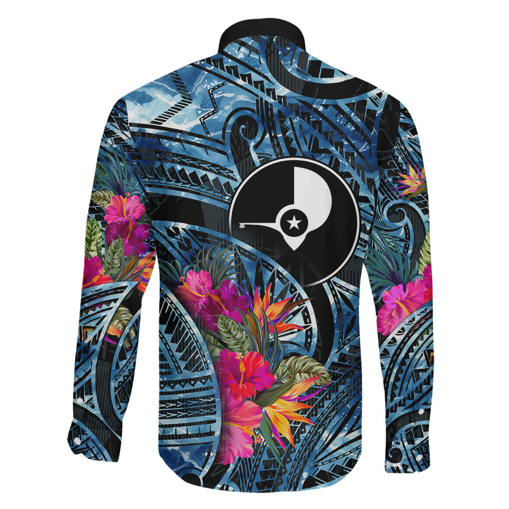 Yap Day Island Floral Tribal Heritage Family Matching Off The Shoulder Long Sleeve Dress and Hawaiian Shirt Micronesian Hibiscus Pattern Polynesian Tattoo Blue Art
