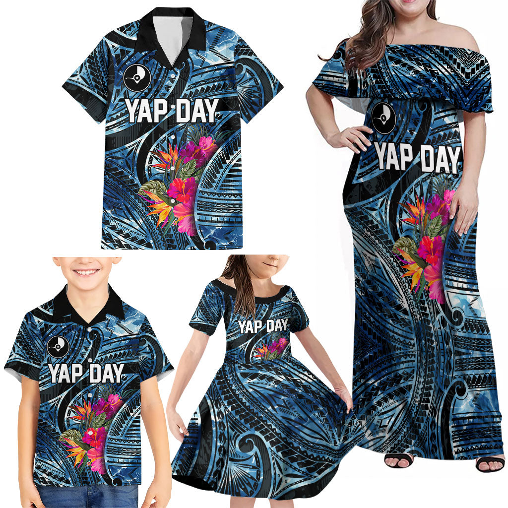 Yap Day Island Floral Tribal Heritage Family Matching Off Shoulder Maxi Dress and Hawaiian Shirt Micronesian Hibiscus Pattern Polynesian Tattoo Blue Art TS04 - Polynesian Pride