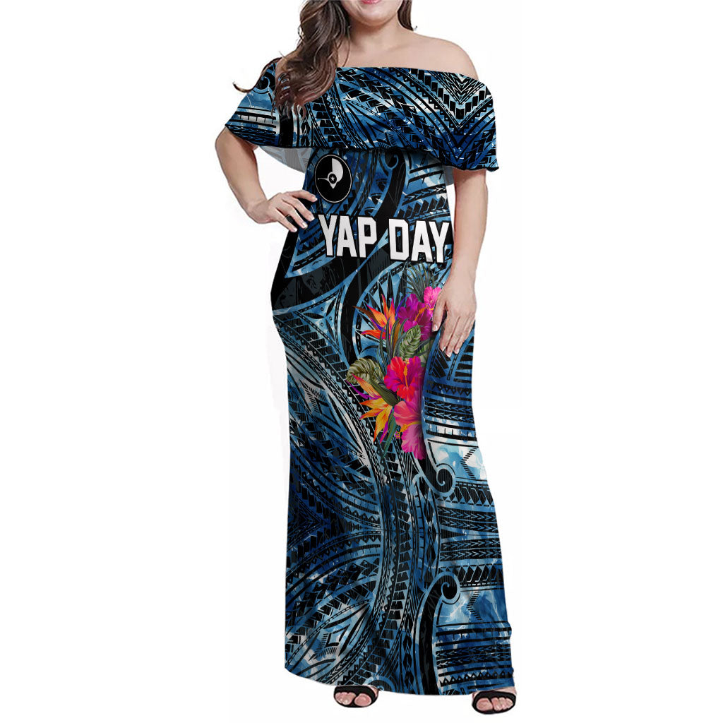 Yap Day Island Floral Tribal Heritage Family Matching Off Shoulder Maxi Dress and Hawaiian Shirt Micronesian Hibiscus Pattern Polynesian Tattoo Blue Art