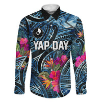 Yap Day Island Floral Tribal Heritage Family Matching Puletasi and Hawaiian Shirt Micronesian Hibiscus Pattern Polynesian Tattoo Blue Art