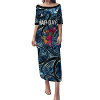 Yap Day Island Floral Tribal Heritage Family Matching Puletasi and Hawaiian Shirt Micronesian Hibiscus Pattern Polynesian Tattoo Blue Art