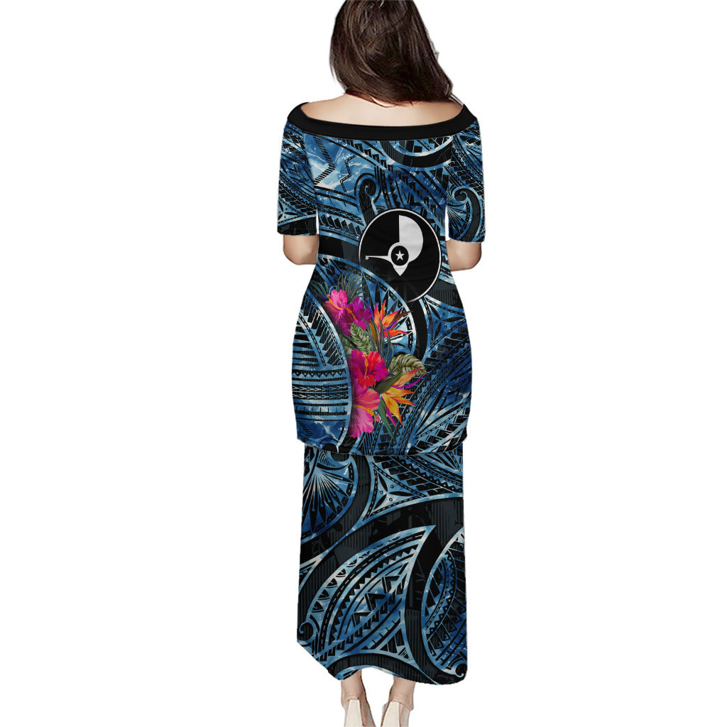 Yap Day Island Floral Tribal Heritage Family Matching Puletasi and Hawaiian Shirt Micronesian Hibiscus Pattern Polynesian Tattoo Blue Art
