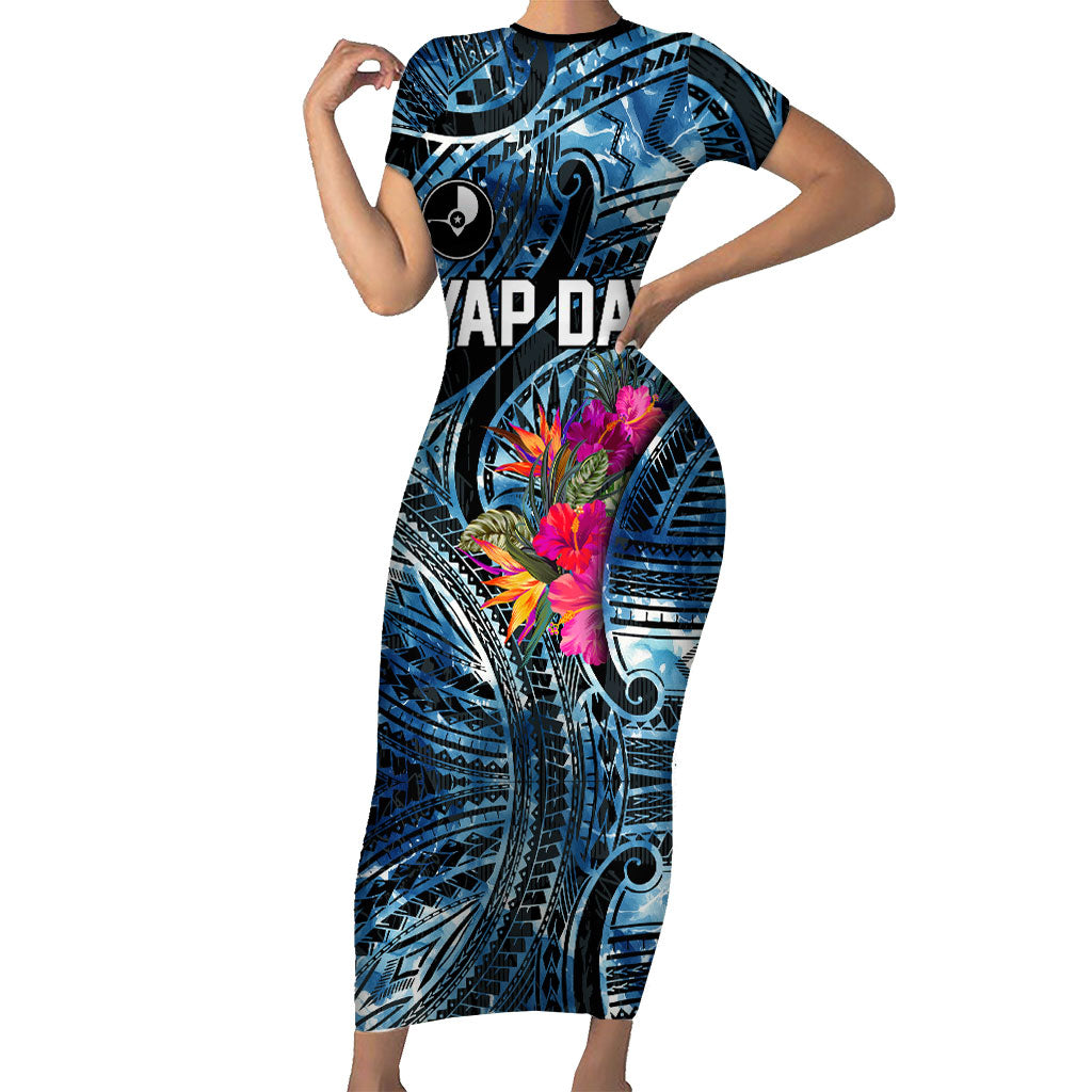 Yap Day Island Floral Tribal Heritage Family Matching Short Sleeve Bodycon Dress and Hawaiian Shirt Micronesian Hibiscus Pattern Polynesian Tattoo Blue Art
