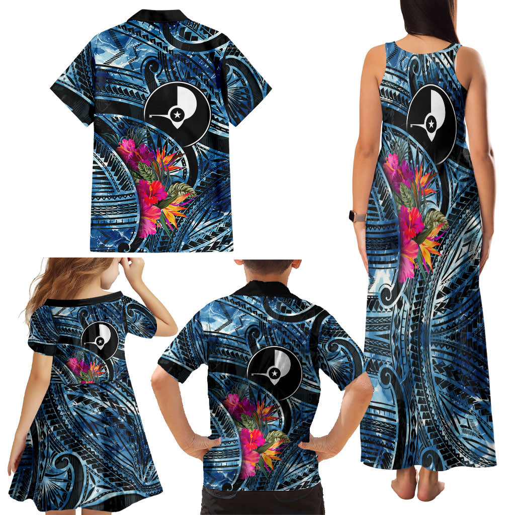 Yap Day Island Floral Tribal Heritage Family Matching Tank Maxi Dress and Hawaiian Shirt Micronesian Hibiscus Pattern Polynesian Tattoo Blue Art