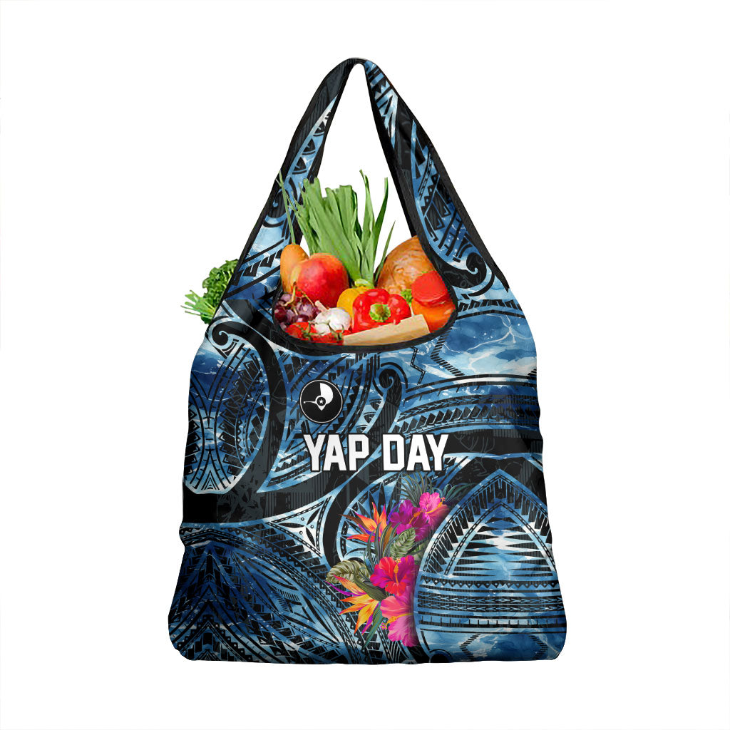 Yap Day Island Floral Tribal Heritage Grocery Bag Micronesian Hibiscus Pattern Polynesian Tattoo Blue Art TS04 1-pack One Size Black Blue - Polynesian Pride