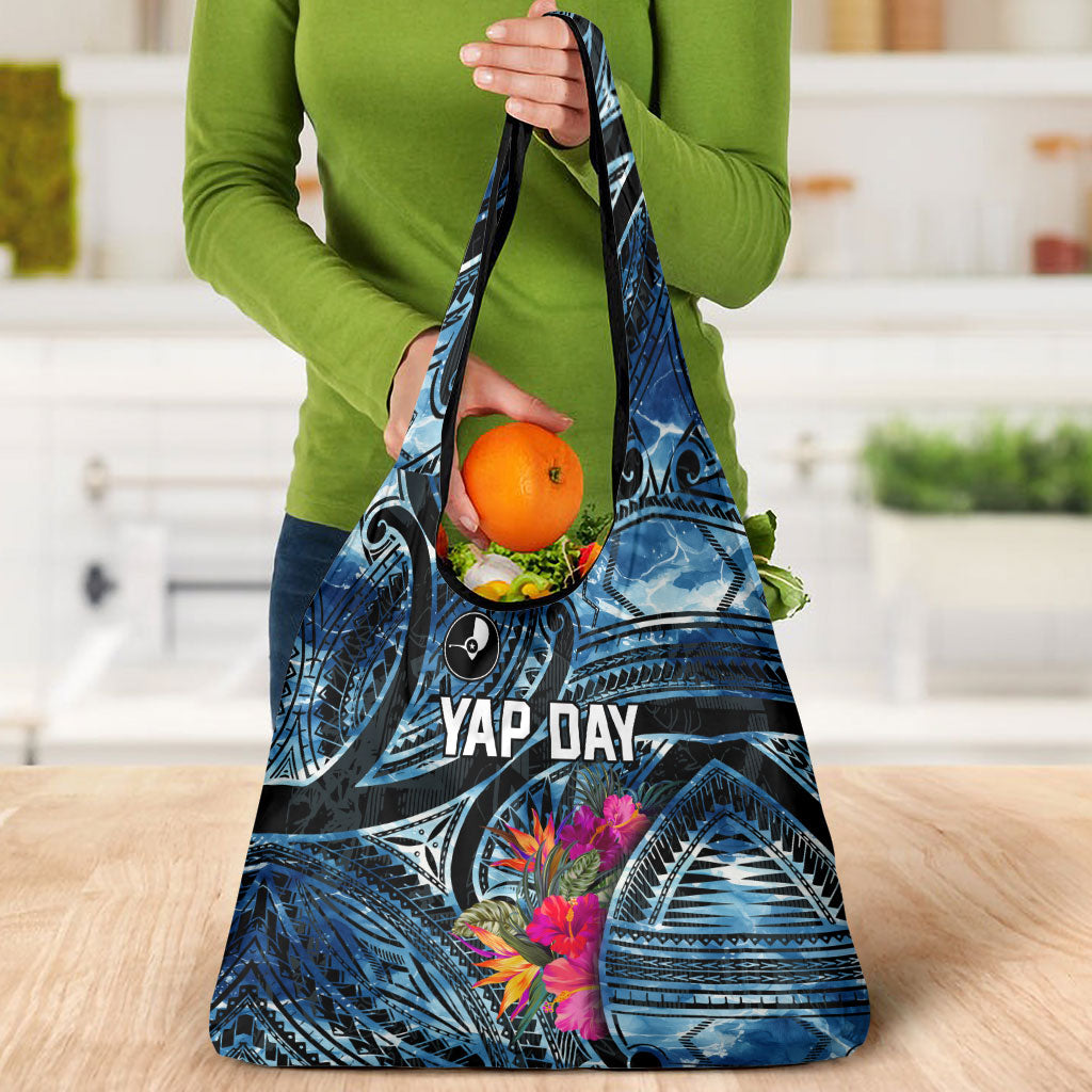 Yap Day Island Floral Tribal Heritage Grocery Bag Micronesian Hibiscus Pattern Polynesian Tattoo Blue Art