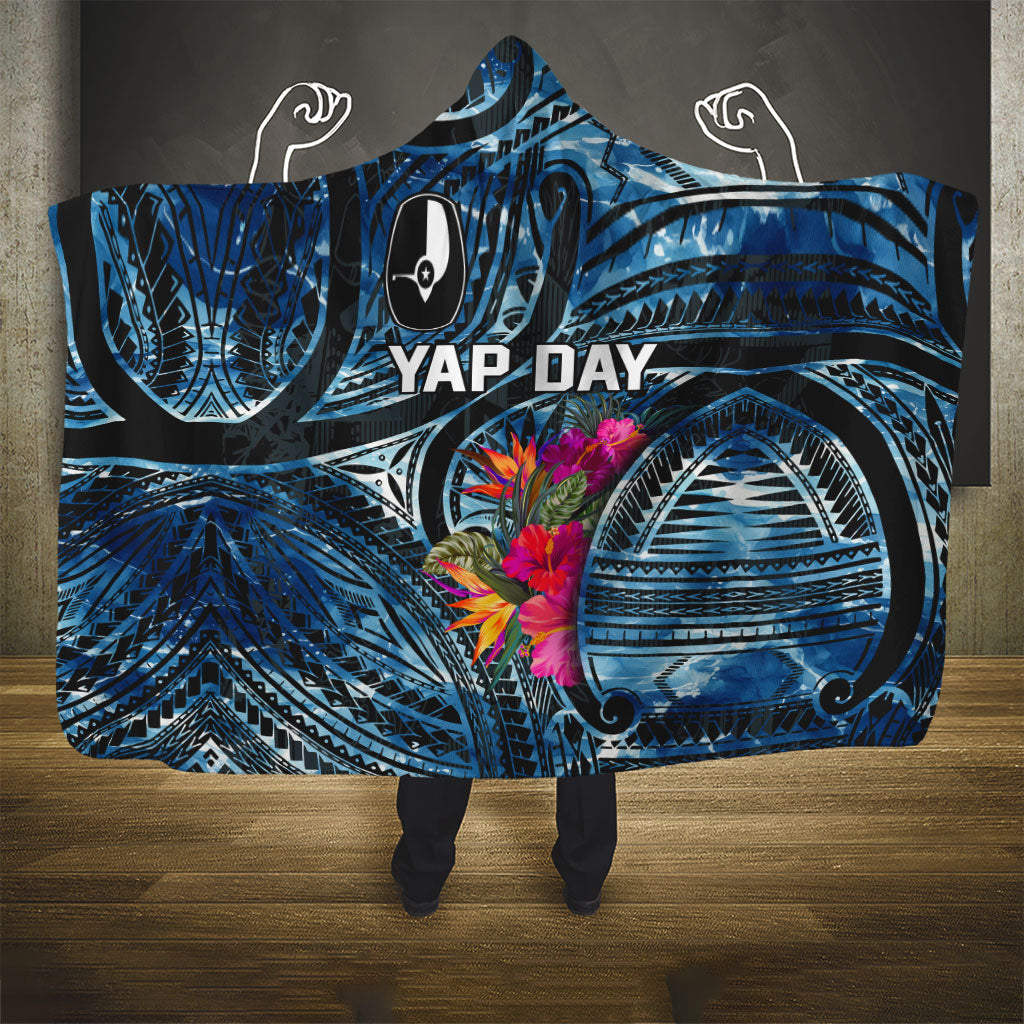 Yap Day Island Floral Tribal Heritage Hooded Blanket Micronesian Hibiscus Pattern Polynesian Tattoo Blue Art