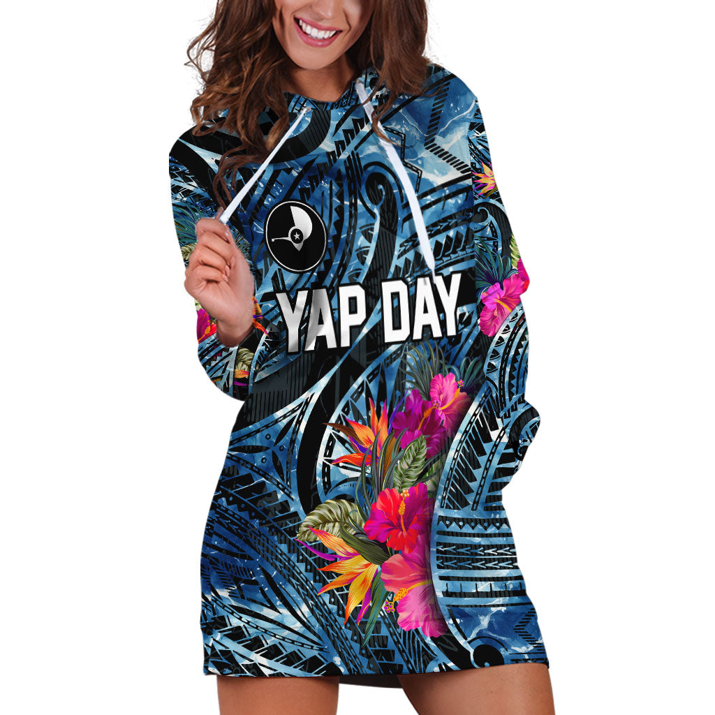 Yap Day Island Floral Tribal Heritage Hoodie Dress Micronesian Hibiscus Pattern Polynesian Tattoo Blue Art TS04 Black Blue - Polynesian Pride