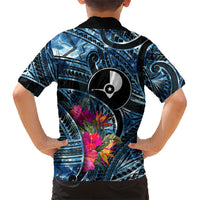 Yap Day Island Floral Tribal Heritage Kid Hawaiian Shirt Micronesian Hibiscus Pattern Polynesian Tattoo Blue Art