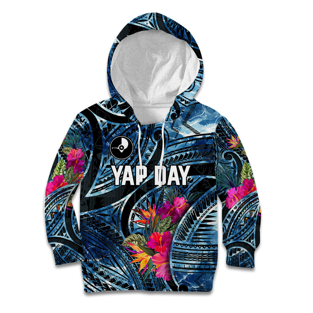 Yap Day Island Floral Tribal Heritage Kid Hoodie Micronesian Hibiscus Pattern Polynesian Tattoo Blue Art TS04 Hoodie Black Blue - Polynesian Pride