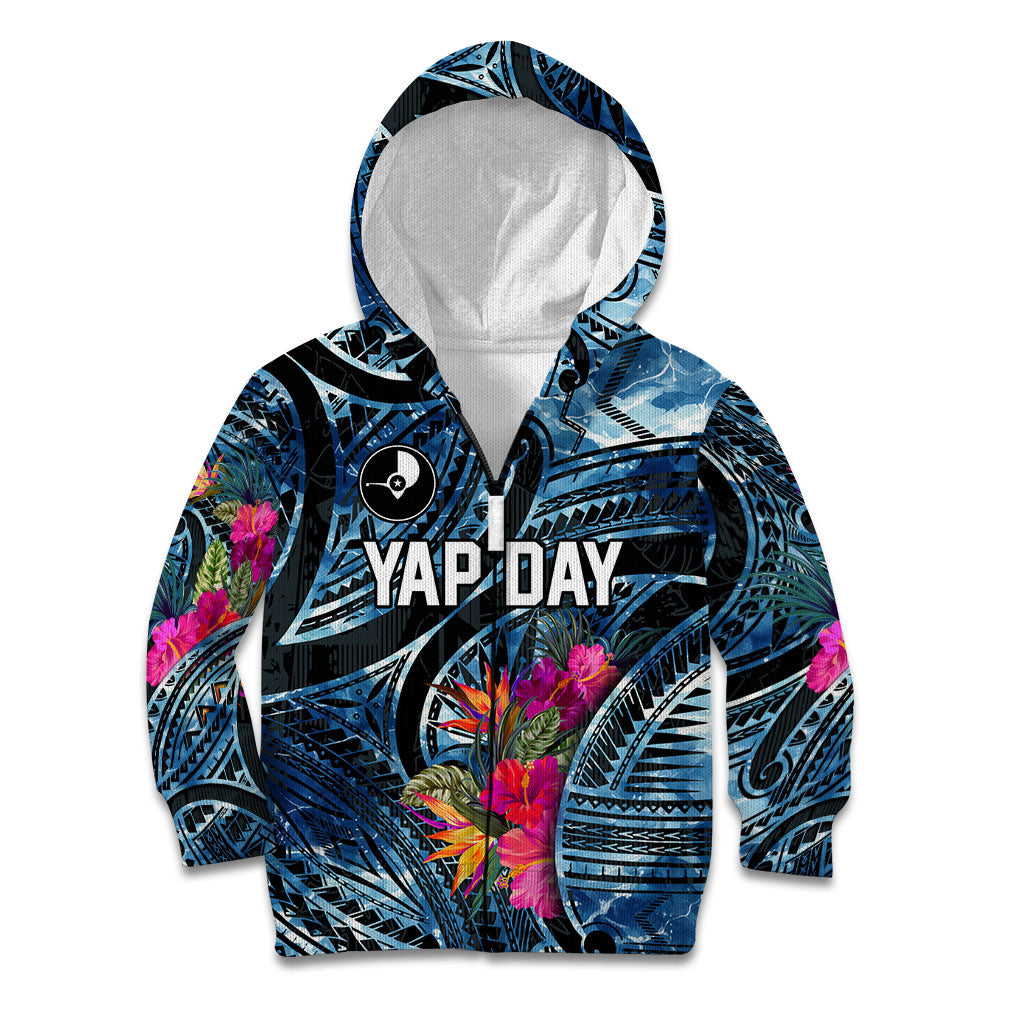 Yap Day Island Floral Tribal Heritage Kid Hoodie Micronesian Hibiscus Pattern Polynesian Tattoo Blue Art