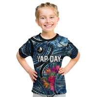 Yap Day Island Floral Tribal Heritage Kid T Shirt Micronesian Hibiscus Pattern Polynesian Tattoo Blue Art