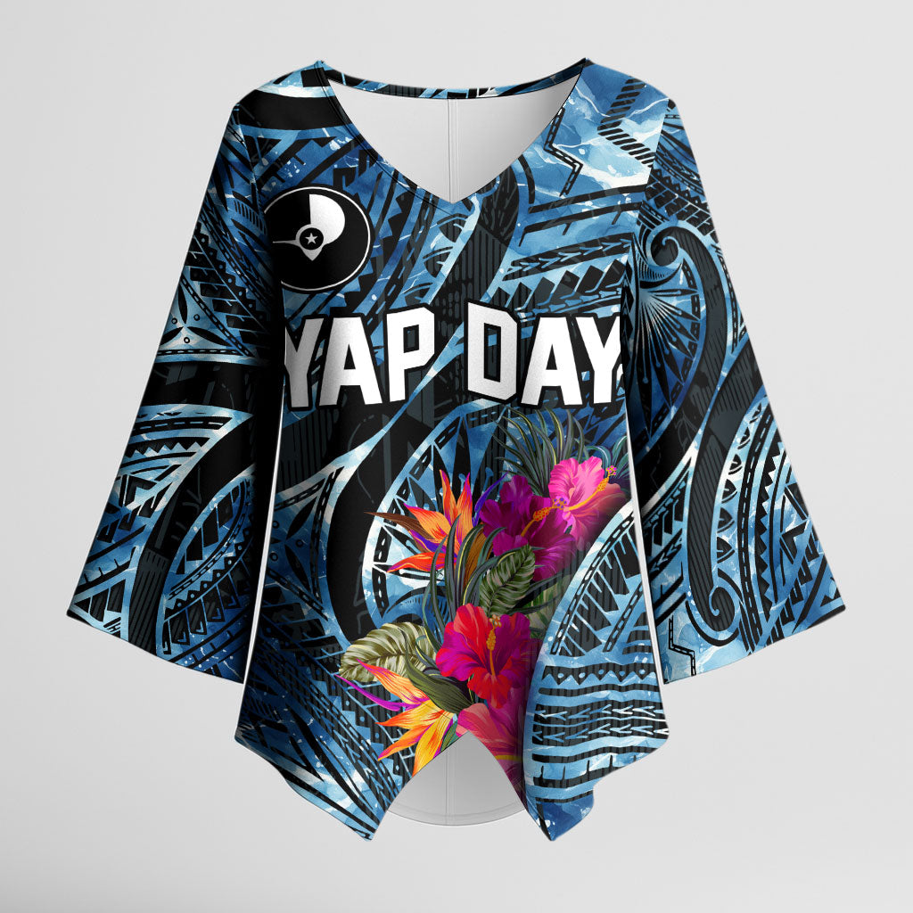 Yap Day Island Floral Tribal Heritage Kimono Sleeve Blouse Micronesian Hibiscus Pattern Polynesian Tattoo Blue Art TS04 Female Black Blue - Polynesian Pride