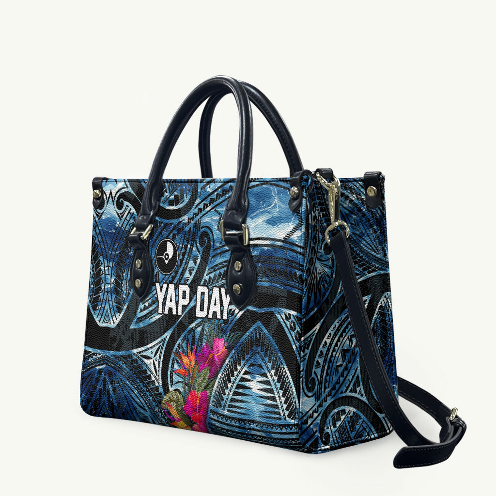 Yap Day Island Floral Tribal Heritage Leather Bag Micronesian Hibiscus Pattern Polynesian Tattoo Blue Art TS04 Black Blue - Polynesian Pride