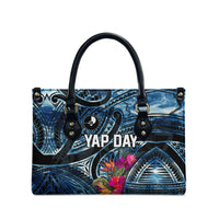 Yap Day Island Floral Tribal Heritage Leather Bag Micronesian Hibiscus Pattern Polynesian Tattoo Blue Art