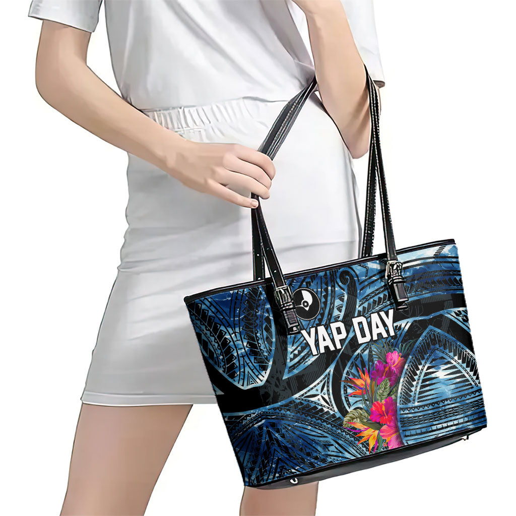 Yap Day Island Floral Tribal Heritage Leather Tote Bag Micronesian Hibiscus Pattern Polynesian Tattoo Blue Art