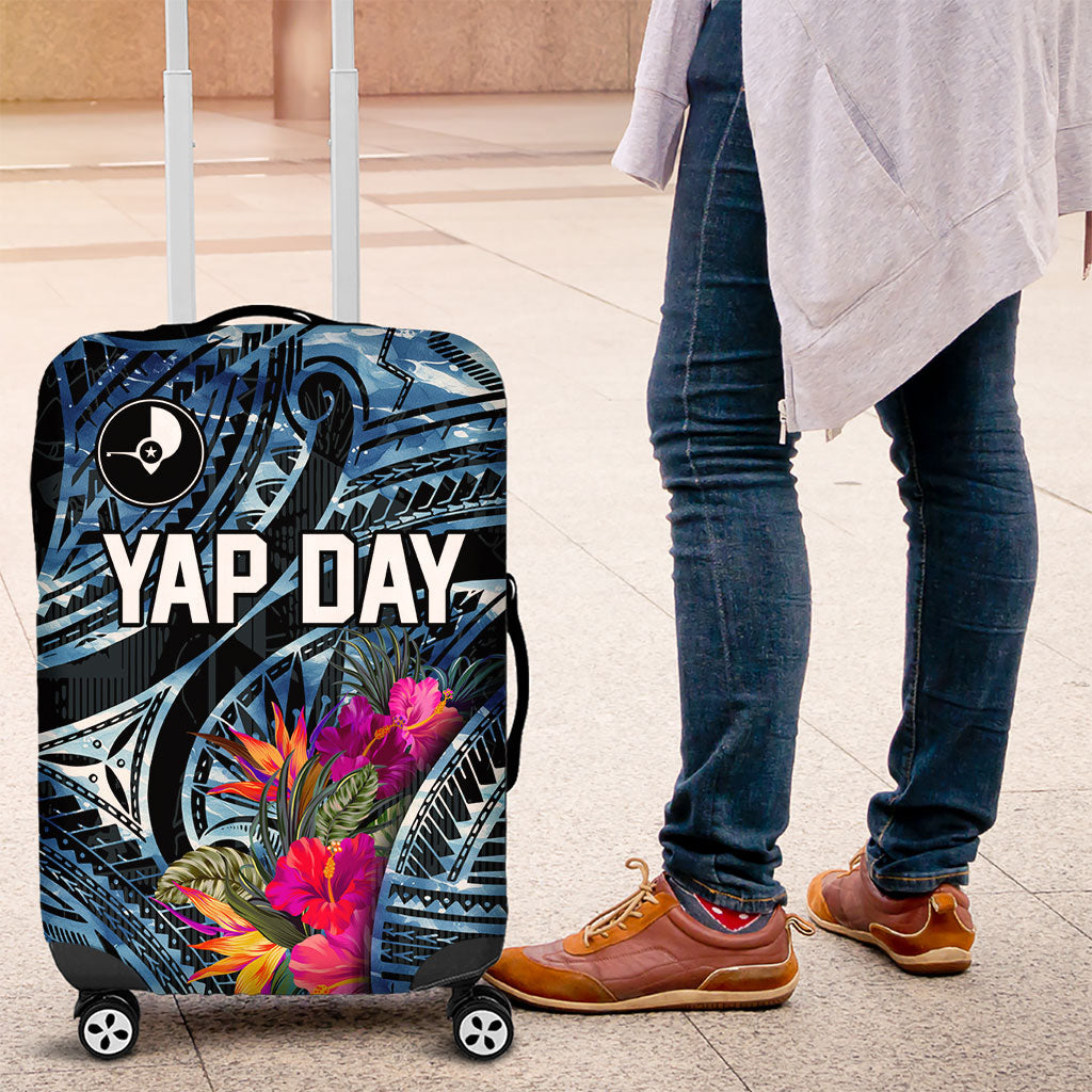Yap Day Island Floral Tribal Heritage Luggage Cover Micronesian Hibiscus Pattern Polynesian Tattoo Blue Art