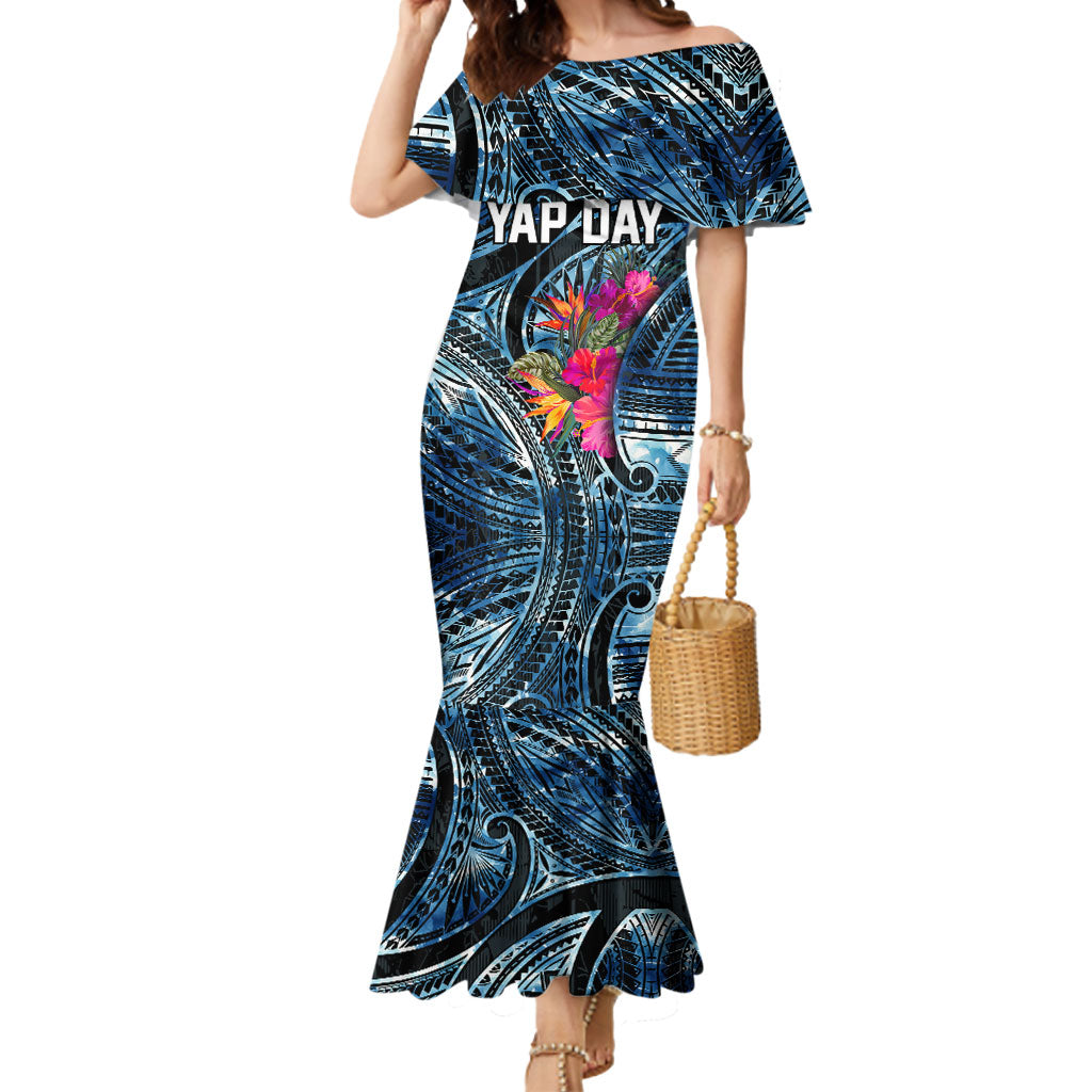 Yap Day Island Floral Tribal Heritage Mermaid Dress Micronesian Hibiscus Pattern Polynesian Tattoo Blue Art TS04 Women Black Blue - Polynesian Pride