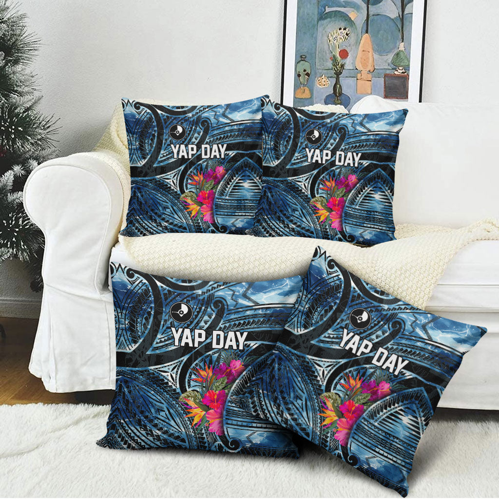 Yap Day Island Floral Tribal Heritage Pillow Cover Micronesian Hibiscus Pattern Polynesian Tattoo Blue Art