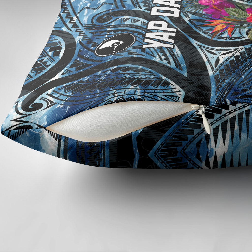 Yap Day Island Floral Tribal Heritage Pillow Cover Micronesian Hibiscus Pattern Polynesian Tattoo Blue Art